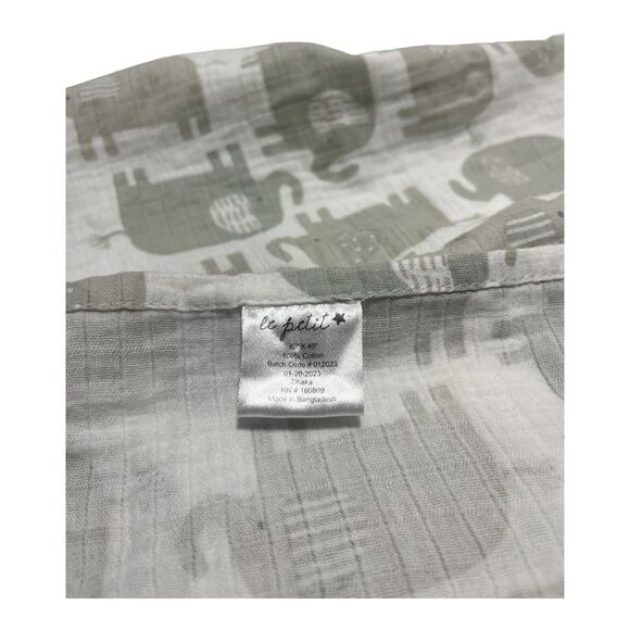 Le Petit Gray White Elephant Muslin Swaddle Baby Blanket 100% Cotton - Picture 2 of 4